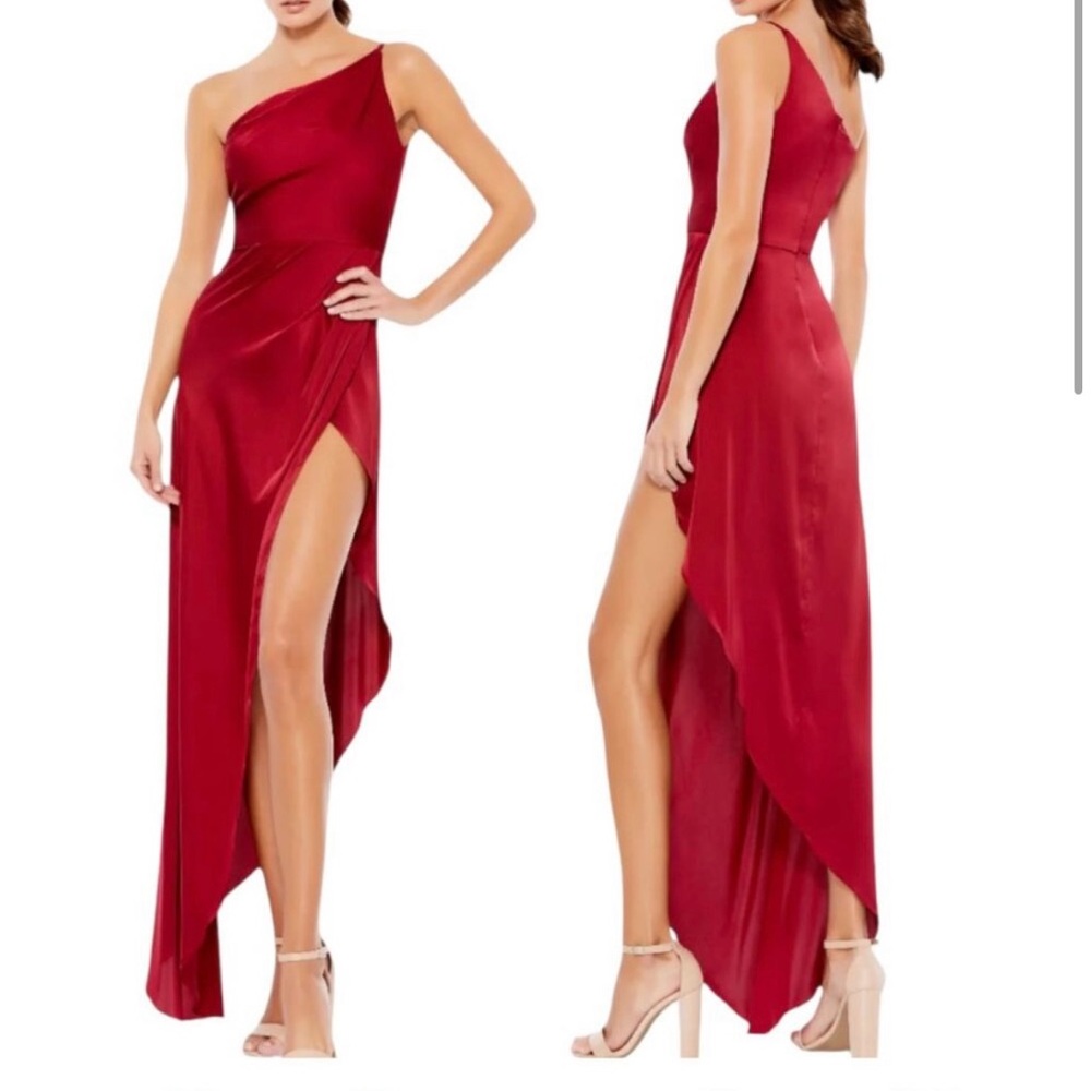 Ieena for Mac Duggal One-Shoulder High-Low draped charmeuse dress